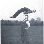 Poppys grandfather, one of the Pender Troupe being lifted by an unknown other <br>
Photo courtesy of Poppy, his granddaughter - sent via Rosie Jones